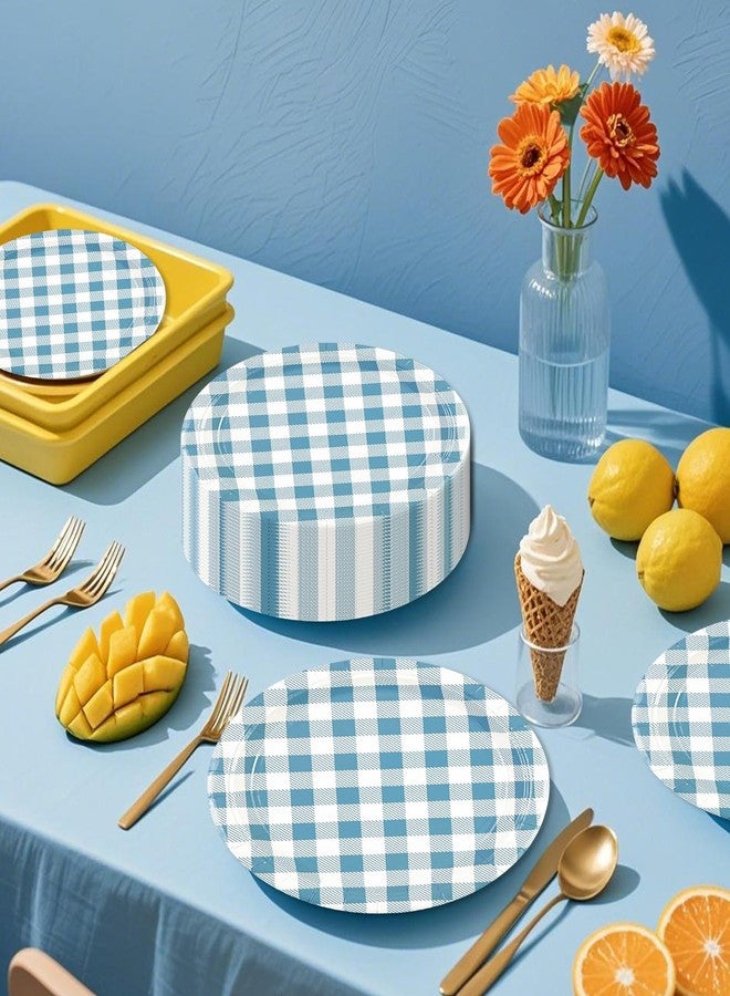 KFJBPB 50Pcs Blue Gingham Paper Plates 7Inch, Disposable Blue and White Checkered Plates Cake Dinner Dessert Plate for Baby Shower Wedding Birthday Party Suppliess (7Inch) - Image 4
