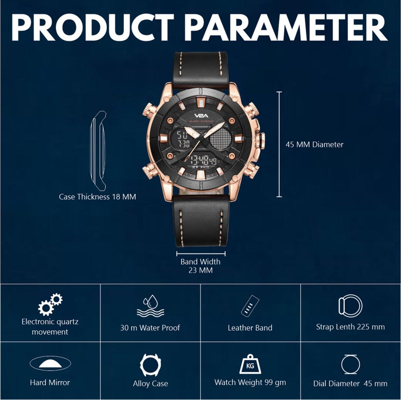 V2A Alloy Case and Genuine Leather Band Analog Digital Fashion Watch for Men Latest Men’s Watch | Gifts for Men | Gift for Brother | Gift for Husband | Birthday Gifts (Black-Black-1) - Image 5