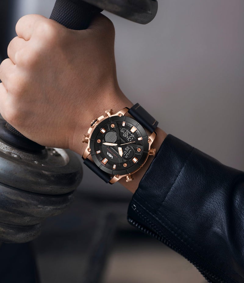 V2A Alloy Case and Genuine Leather Band Analog Digital Fashion Watch for Men Latest Men’s Watch | Gifts for Men | Gift for Brother | Gift for Husband | Birthday Gifts (Black-Black-1) - Image 3