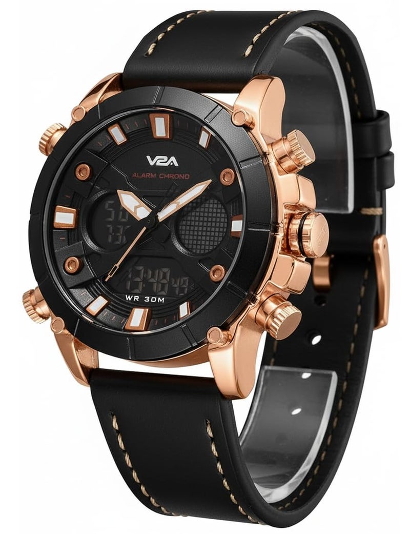 V2A Alloy Case and Genuine Leather Band Analog Digital Fashion Watch for Men Latest Men’s Watch | Gifts for Men | Gift for Brother | Gift for Husband | Birthday Gifts (Black-Black-1) - Image 1