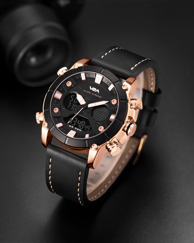V2A Alloy Case and Genuine Leather Band Analog Digital Fashion Watch for Men Latest Men’s Watch | Gifts for Men | Gift for Brother | Gift for Husband | Birthday Gifts (Black-Black-1) - Image 2