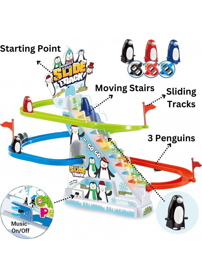 Musical Penguin Orbit Chasing Race Track Game Set - Playful Roller Coaster Playset with LED Flashing Lights and Music On/Off Button for Toddlers and Kids
