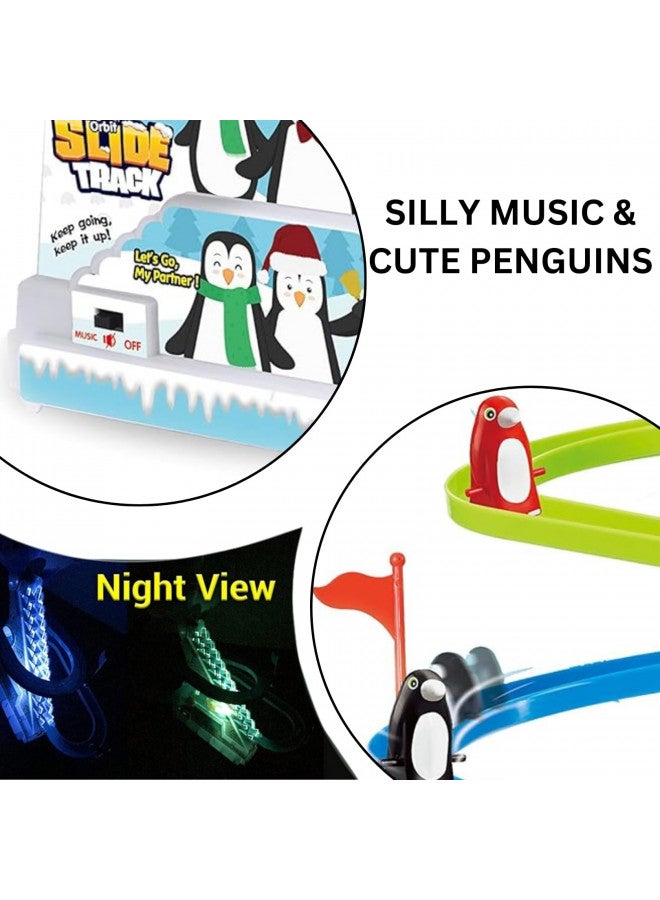 Musical Penguin Orbit Chasing Race Track Game Set - Playful Roller Coaster Playset with LED Flashing Lights and Music On/Off Button for Toddlers and Kids