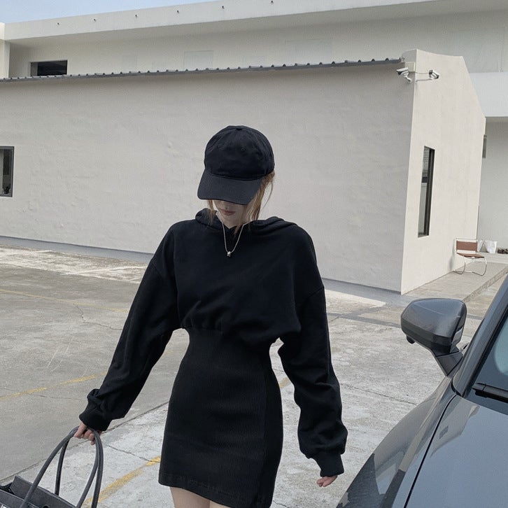 2023 Chic Petite Black Sweatshirt Dress for Women Autumn/Winter DS340 Black