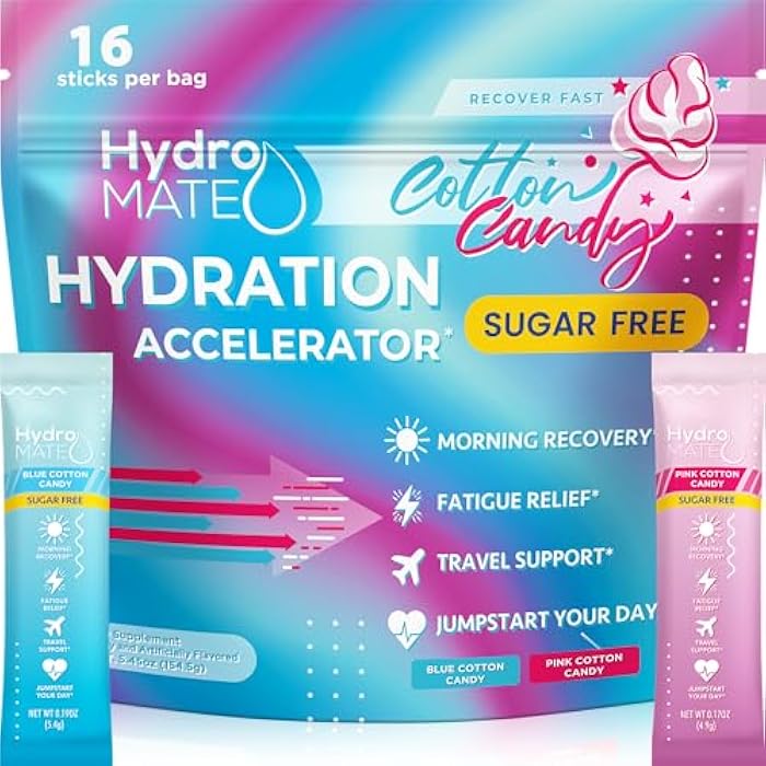 NatureWorks HydroMATE Electrolytes Powder No Sugar Cotton Candy - 16 Sticks Instant Hydration Packets with Vitamin C to Boost Energy - Sugar Free Electrolytes to Support Hydration on Keto Diet & Party Recovery - Image 1
