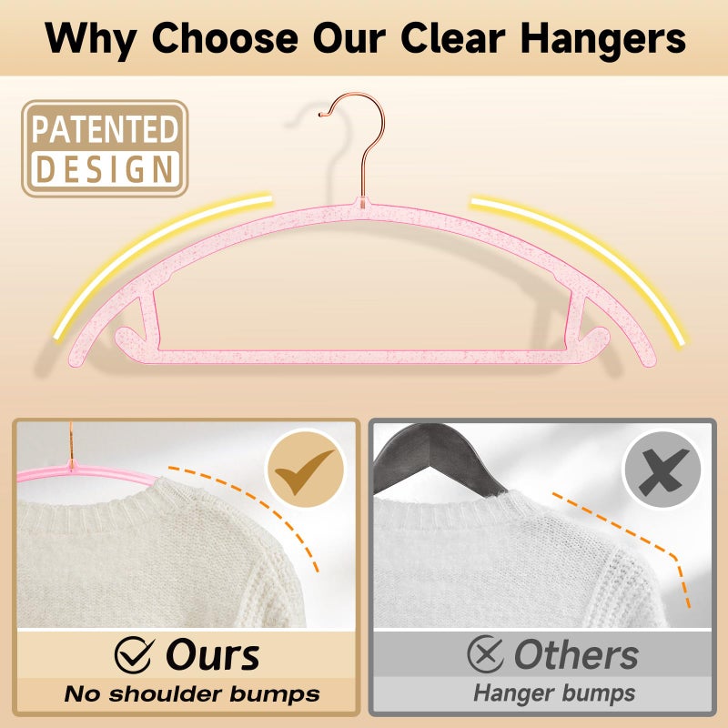 MIZGI Premium Clear Hangers (Pack of 50) Heavyduty- Pink Acrylic No Shoulder Bump Suit Hangers - Space Saving Clothes Hangers,Rounded Hanger for Coat,Sweater,Jackets,Pants - Image 3