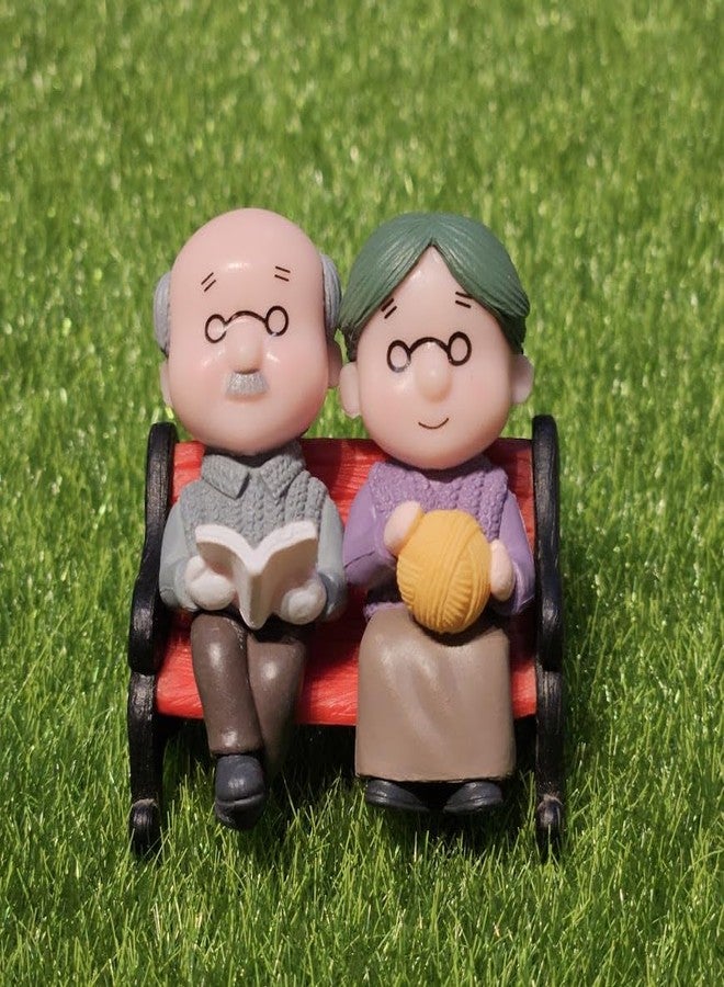 ARUNA DECOR Cute Miniature Figurines Set Old Couple with Bench for Home Garden Decor Cake Topper 5 x 3 x 6 cm (Old Couple with Bench) - Image 1
