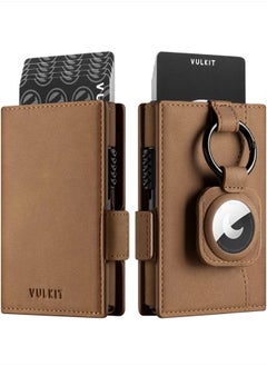 VULKIT Card Holder Wallet with Airtag Holder & ID Window Pop Up Slim Leather Wallet RFID Blocking Magnetic Closure for Credit Cards and Cash Amber Brown  - Image 1
