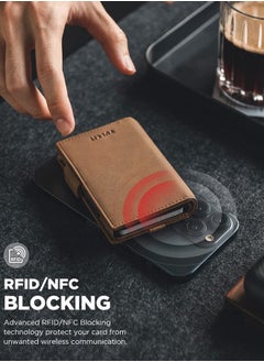VULKIT Card Holder Wallet with Airtag Holder & ID Window Pop Up Slim Leather Wallet RFID Blocking Magnetic Closure for Credit Cards and Cash Amber Brown  - Image 3