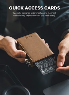 VULKIT Card Holder Wallet with Airtag Holder & ID Window Pop Up Slim Leather Wallet RFID Blocking Magnetic Closure for Credit Cards and Cash Amber Brown  - Image 2