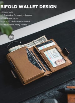 VULKIT Card Holder Wallet with Airtag Holder & ID Window Pop Up Slim Leather Wallet RFID Blocking Magnetic Closure for Credit Cards and Cash Amber Brown  - Image 4