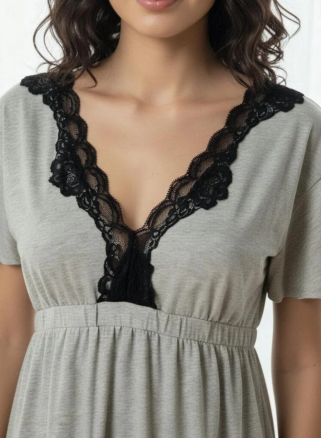 Aadaraya  Aadaraya Night Gown Short Sleeves Lace Trim for Women | Best Price UAE