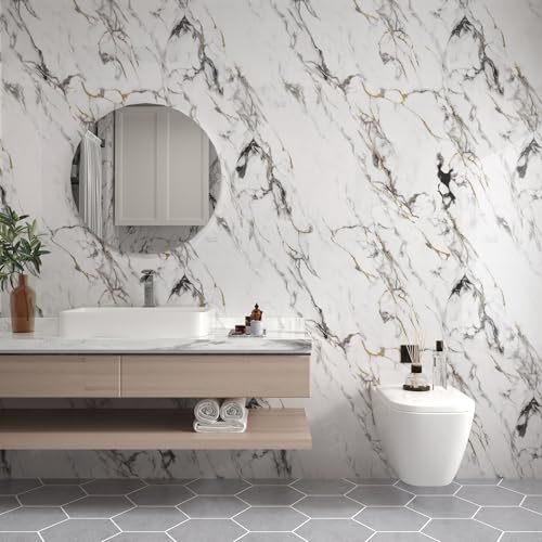 Boobest 15.74"x354.3" White Marble Contact Paper for Countertops Peel and Stick Waterproof Faux Marble Wallpaper for Kitchen Cabinets TV Wall Backdrop Living Room Chruch Glossy Thick Marble Vinyl Wrap - Image 5