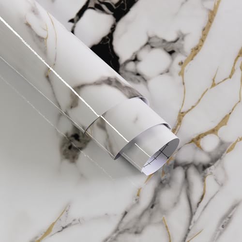Boobest 15.74"x354.3" White Marble Contact Paper for Countertops Peel and Stick Waterproof Faux Marble Wallpaper for Kitchen Cabinets TV Wall Backdrop Living Room Chruch Glossy Thick Marble Vinyl Wrap - Image 1