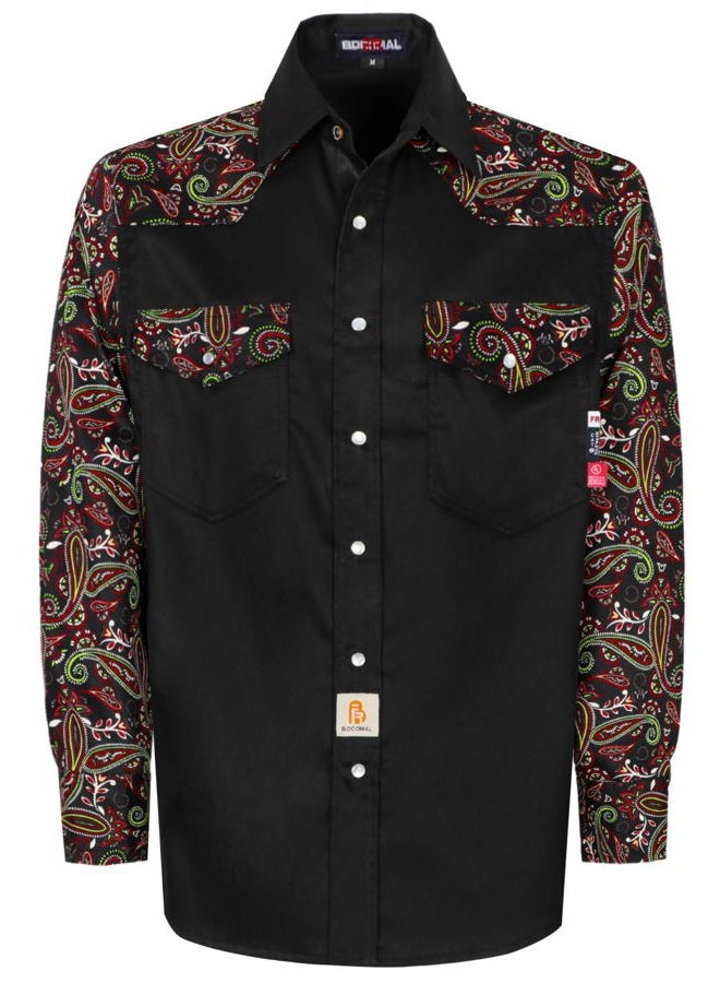 BOCOMAL FR Shirts Pearl Snaps Two Tone Plaid/Solid Flame Resistant Cotton Welding Shirt NFPA 2112 CAT 2, Black/Paisley Black, XXL - Image 1