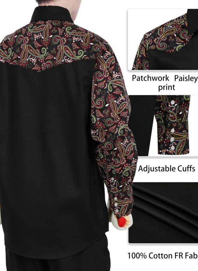 BOCOMAL FR Shirts Pearl Snaps Two Tone Plaid/Solid Flame Resistant Cotton Welding Shirt NFPA 2112 CAT 2, Black/Paisley Black, XXL - Image 3