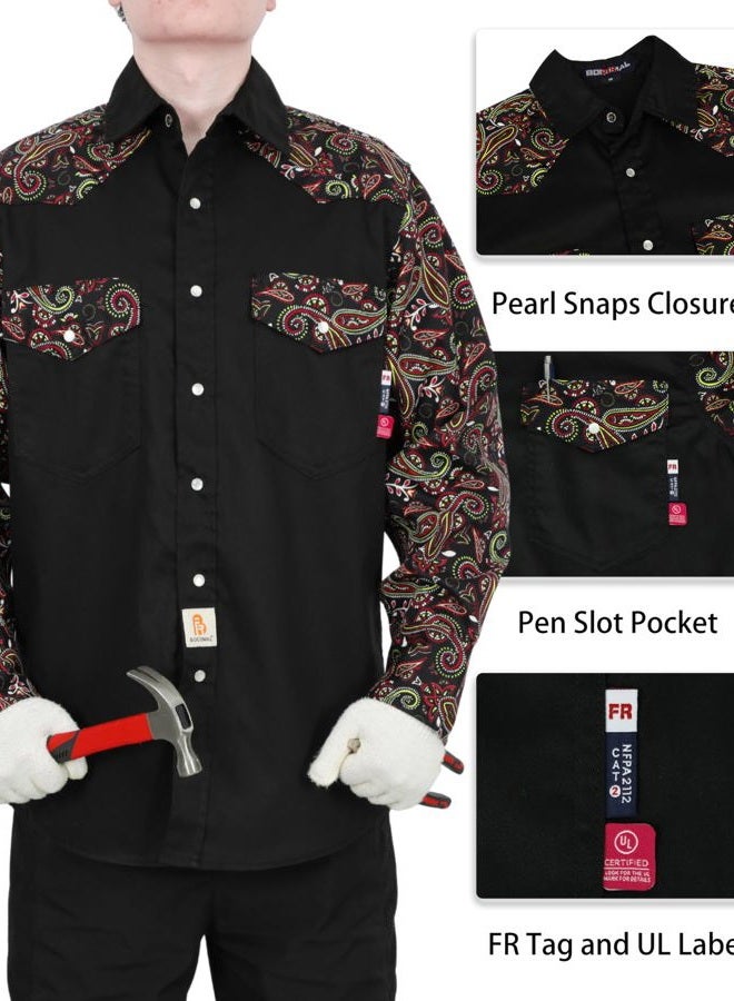 BOCOMAL FR Shirts Pearl Snaps Two Tone Plaid/Solid Flame Resistant Cotton Welding Shirt NFPA 2112 CAT 2, Black/Paisley Black, XXL - Image 2
