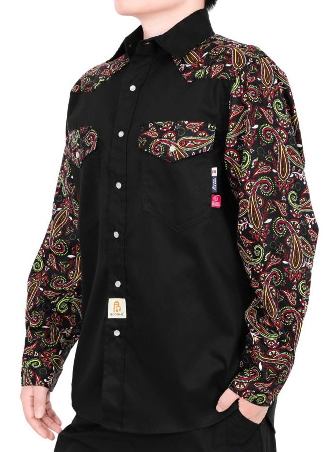 BOCOMAL FR Shirts Pearl Snaps Two Tone Plaid/Solid Flame Resistant Cotton Welding Shirt NFPA 2112 CAT 2, Black/Paisley Black, XXL - Image 4