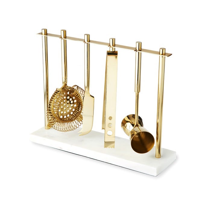 BARWARE SET INCLUDES HAWTHORNE STRAINER CITRUS KNIFE ICE TONGS DOUBLE JIGGER MARBLE STAND PERFECT HOME BAR ACCESSORIES BARTENDER KIT BAR CART ESSENTIALS 4PIECE SET GOLD
