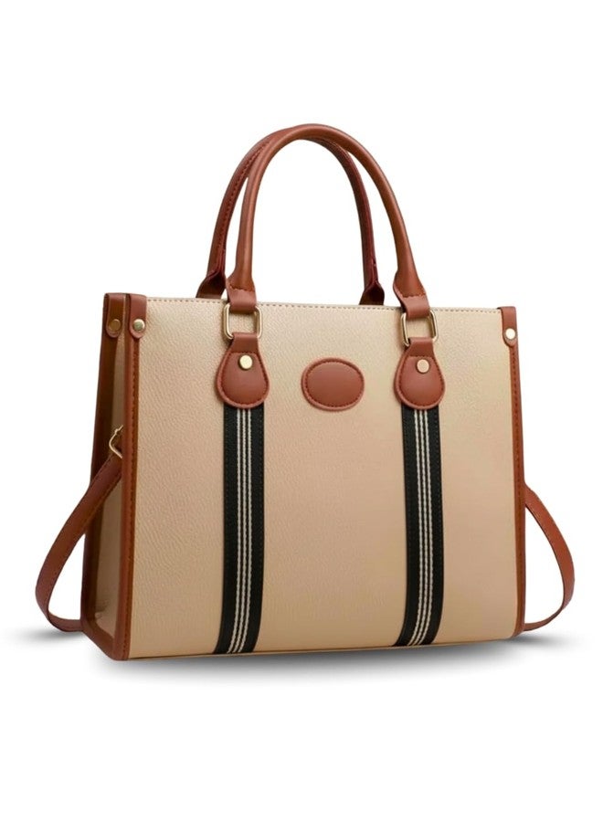 LIKE STYLE Women’s PU Laptop Shoulder Bag | Stylish Office Tote Handbag with Detachable Sling | Fits 14-inch Laptop | Vertical Webbing Design | Work, College & Travel Bag (BEIGE) - Image 1
