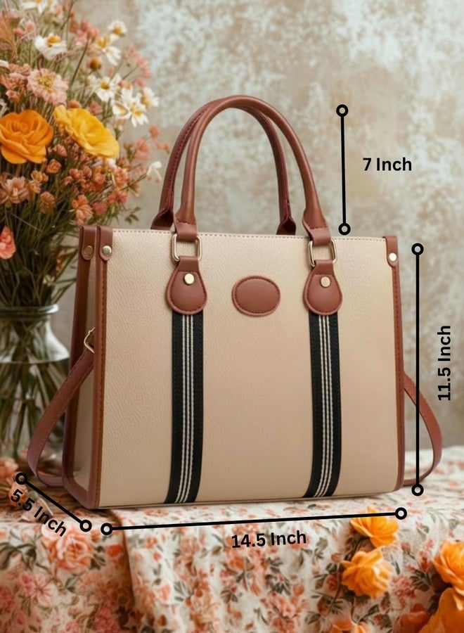 LIKE STYLE Women’s PU Laptop Shoulder Bag | Stylish Office Tote Handbag with Detachable Sling | Fits 14-inch Laptop | Vertical Webbing Design | Work, College & Travel Bag (BEIGE) - Image 5