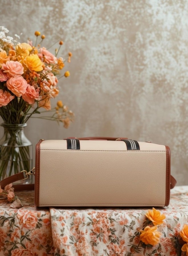 LIKE STYLE Women’s PU Laptop Shoulder Bag | Stylish Office Tote Handbag with Detachable Sling | Fits 14-inch Laptop | Vertical Webbing Design | Work, College & Travel Bag (BEIGE) - Image 4