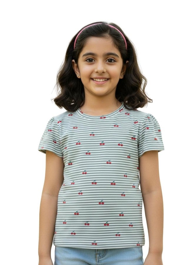 Pranava Girls Organic Cotton Single Jersey Half Sleeves Cherry All Over Print Top - Green 12-18M - Image 1
