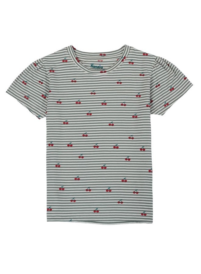 Pranava Girls Organic Cotton Single Jersey Half Sleeves Cherry All Over Print Top - Green 12-18M - Image 3