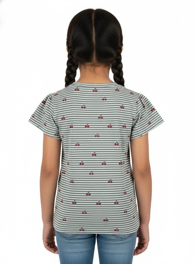 Pranava Girls Organic Cotton Single Jersey Half Sleeves Cherry All Over Print Top - Green 12-18M - Image 2