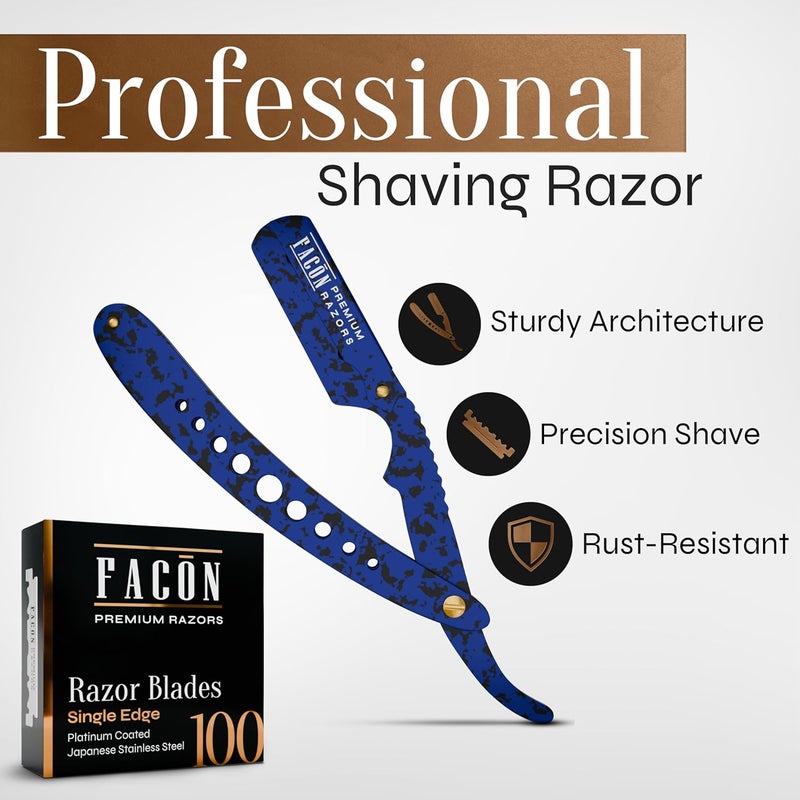 FACON Facón Straight Razors for Men - Professional Barber Straight Edge Razor Kit with 100 Blades, Classic Stainless Steel Barbero Shaver for a Smooth & Precise Shave, Premium Barber Razor for Men's Shaving - Image 2