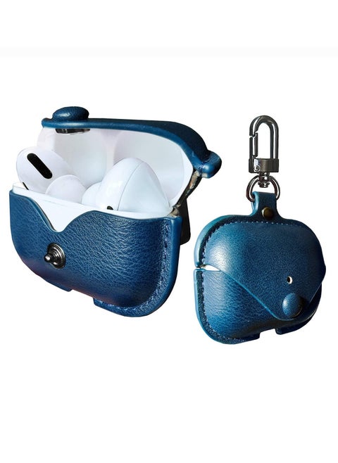 Airpods 3 Case with Keychain, Genuine Leather Protective Shockproof Scratch Resistant Soft Silicone Cover for Airpods 3rd Generation 2021, Front LED Visible - Deep Blue