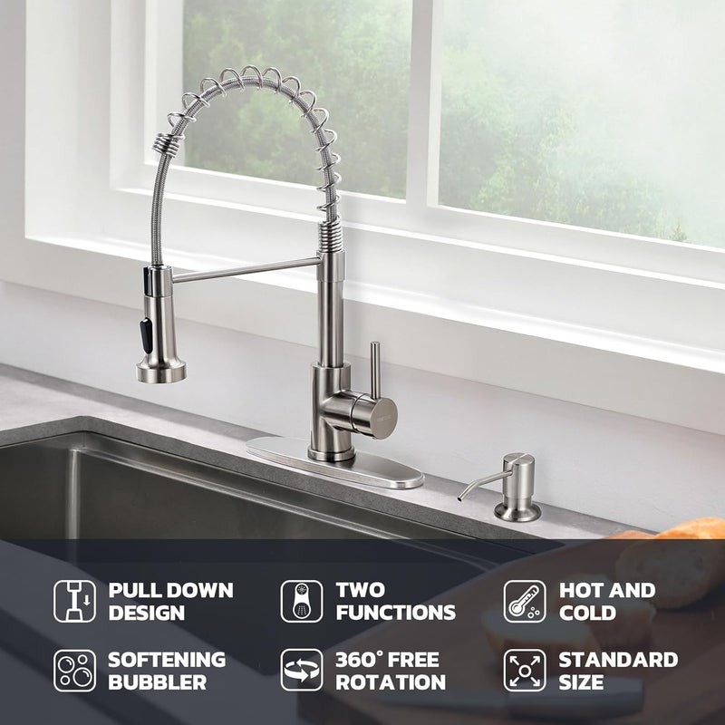 WEWE Kitchen Sink Faucet with Soap Dispenser, Kitchen Faucet with Pull Down Sprayer Stainless Steel Single Handle High Arc Pull Out Brushed Nickel Faucet for Bar Laundry RV Utility Sink - Image 2