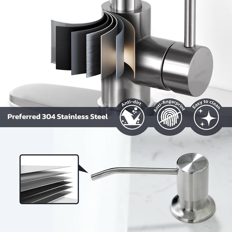 WEWE Kitchen Sink Faucet with Soap Dispenser, Kitchen Faucet with Pull Down Sprayer Stainless Steel Single Handle High Arc Pull Out Brushed Nickel Faucet for Bar Laundry RV Utility Sink - Image 4