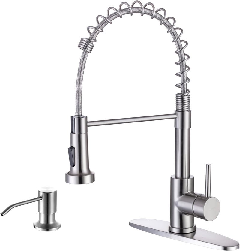 WEWE Kitchen Sink Faucet with Soap Dispenser, Kitchen Faucet with Pull Down Sprayer Stainless Steel Single Handle High Arc Pull Out Brushed Nickel Faucet for Bar Laundry RV Utility Sink - Image 1