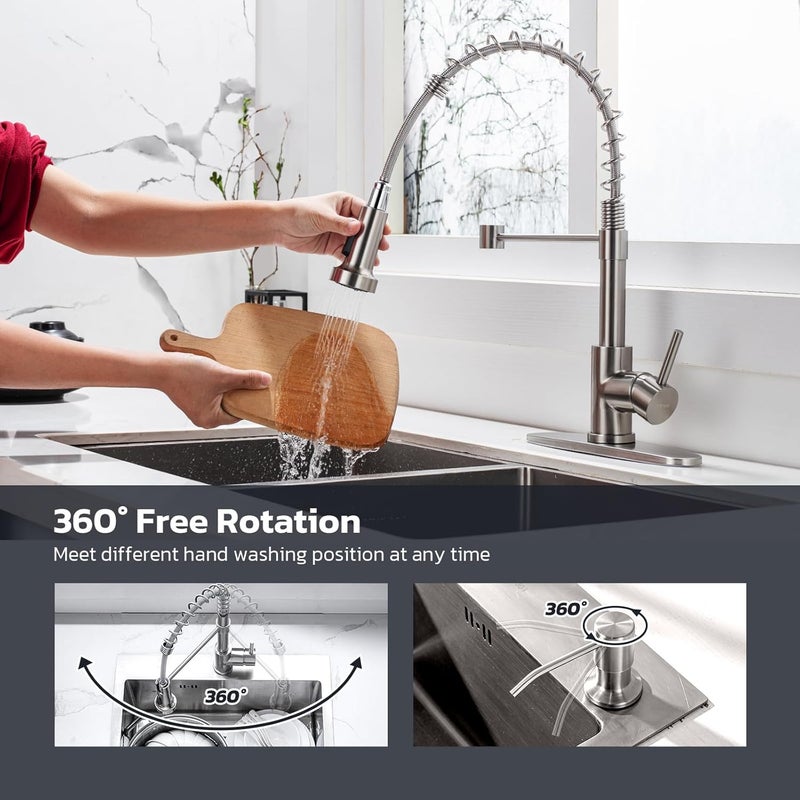 WEWE Kitchen Sink Faucet with Soap Dispenser, Kitchen Faucet with Pull Down Sprayer Stainless Steel Single Handle High Arc Pull Out Brushed Nickel Faucet for Bar Laundry RV Utility Sink - Image 5