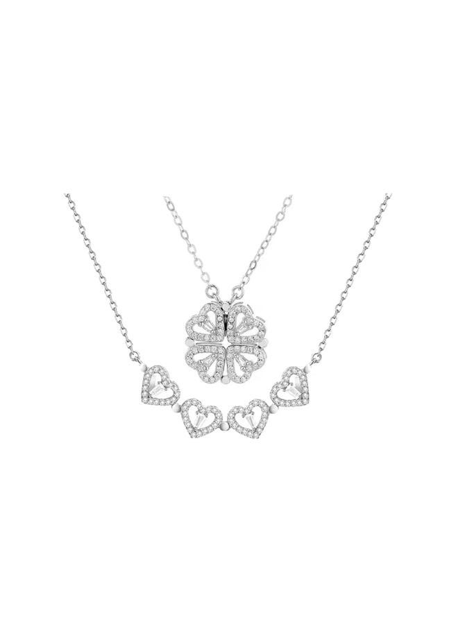 Lam Sence Sterling Silver Heart Shaped and Four Leaf Clover Convertible Pendant Necklace Crystals Jewelry (White Gold) - Image 1