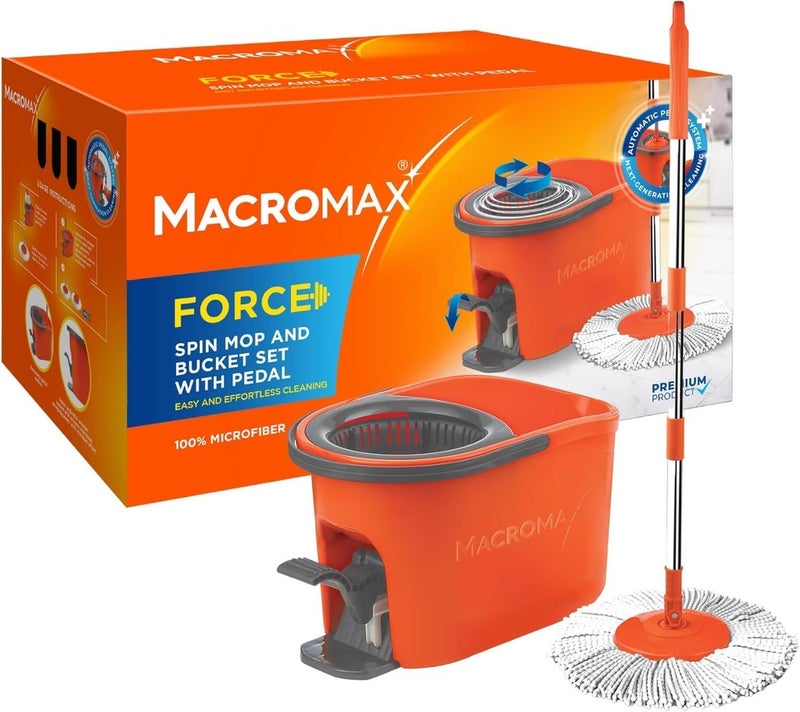 Macromax مجموعة ممسحة ودلو ماكروماكس فورس سبين مع دواسة عصر سهلة - ممسحة من الألياف الدقيقة تدور 360 درجة - Image 1