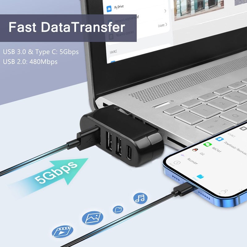 VIENON 4-Port USB C Hub [90Â°/180Â° Degree Rotatable], USB C Adapter Splitter with PD-in 5W Port, USB Extender for MacBook, iMac, Surface, and More C Port Laptop(Not for Car) - Image 5