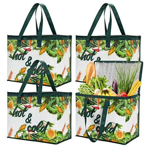 Bekith 4 Pack Insulated Reusable Grocery Bag, Large Shopping Tote with Zippered Top for Hot and Cold Food Transport, Wine Tote, Drinks Carrier, Stands Upright, Collapsible - Image 1