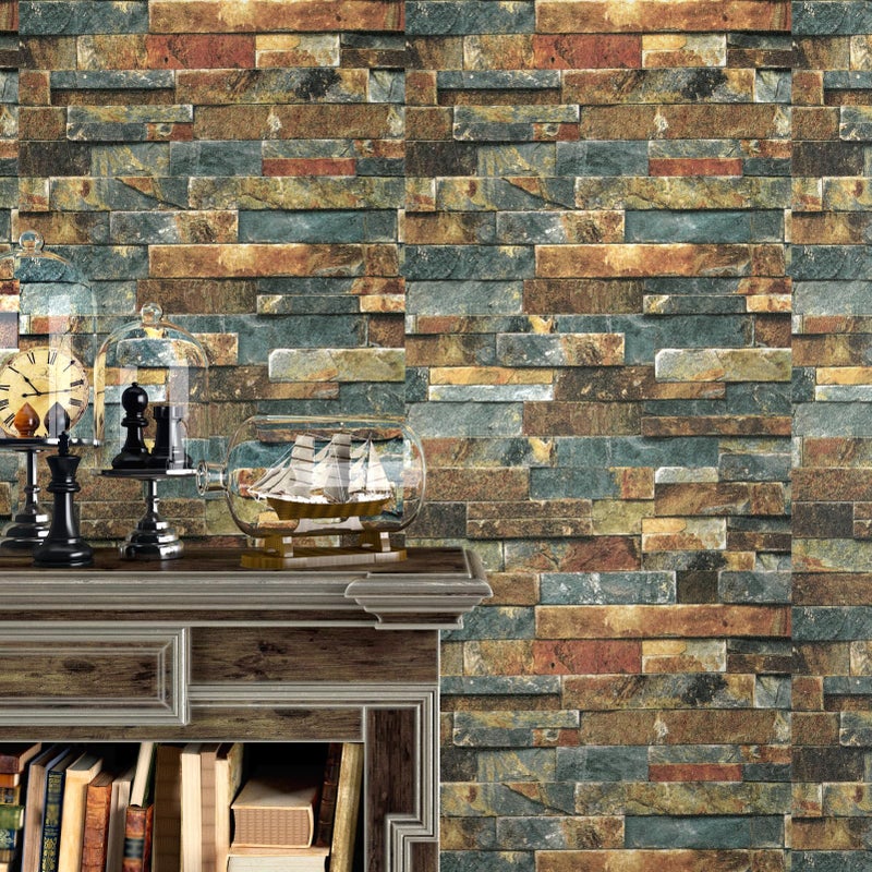 Wallercity BlueBrown Brick Wallpaper Peel and Stick Stone Wallpaper Self Adhesive Faux 3D Rock Wallpapers for Walls Backdrop 158x315 Waterproof Bricks Contact Paper for Fireplace Kitchen Bedroom - Image 2