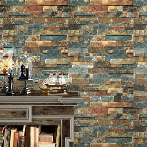 Wallercity BlueBrown Brick Wallpaper Peel and Stick Stone Wallpaper Self Adhesive Faux 3D Rock Wallpapers for Walls Backdrop 158x315 Waterproof Bricks Contact Paper for Fireplace Kitchen Bedroom - Image 1