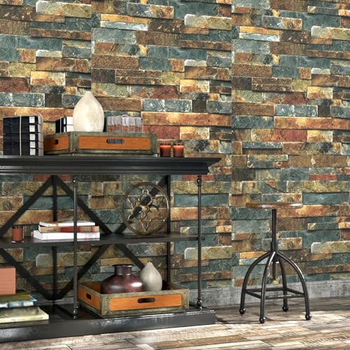 Wallercity BlueBrown Brick Wallpaper Peel and Stick Stone Wallpaper Self Adhesive Faux 3D Rock Wallpapers for Walls Backdrop 158x315 Waterproof Bricks Contact Paper for Fireplace Kitchen Bedroom - Image 3