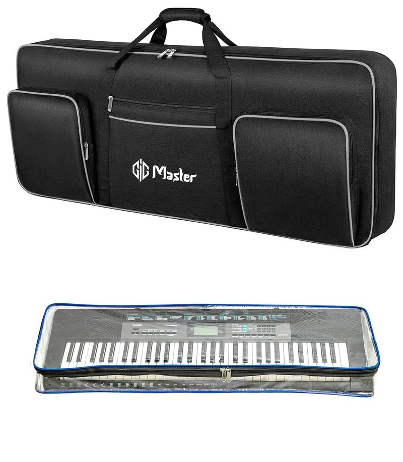 GIG Master حقيبة/غطاء/حافظة لوحة مفاتيح مبطنة بشكل كثيف للياماها PSR-E453، E463، I425، I455، I300، I400، I500، لوحة مفاتيح 61 مفتاح مع غطاء شفاف ضد الغبار و جيب مزدوج (أسود ورمادي) - Image 1
