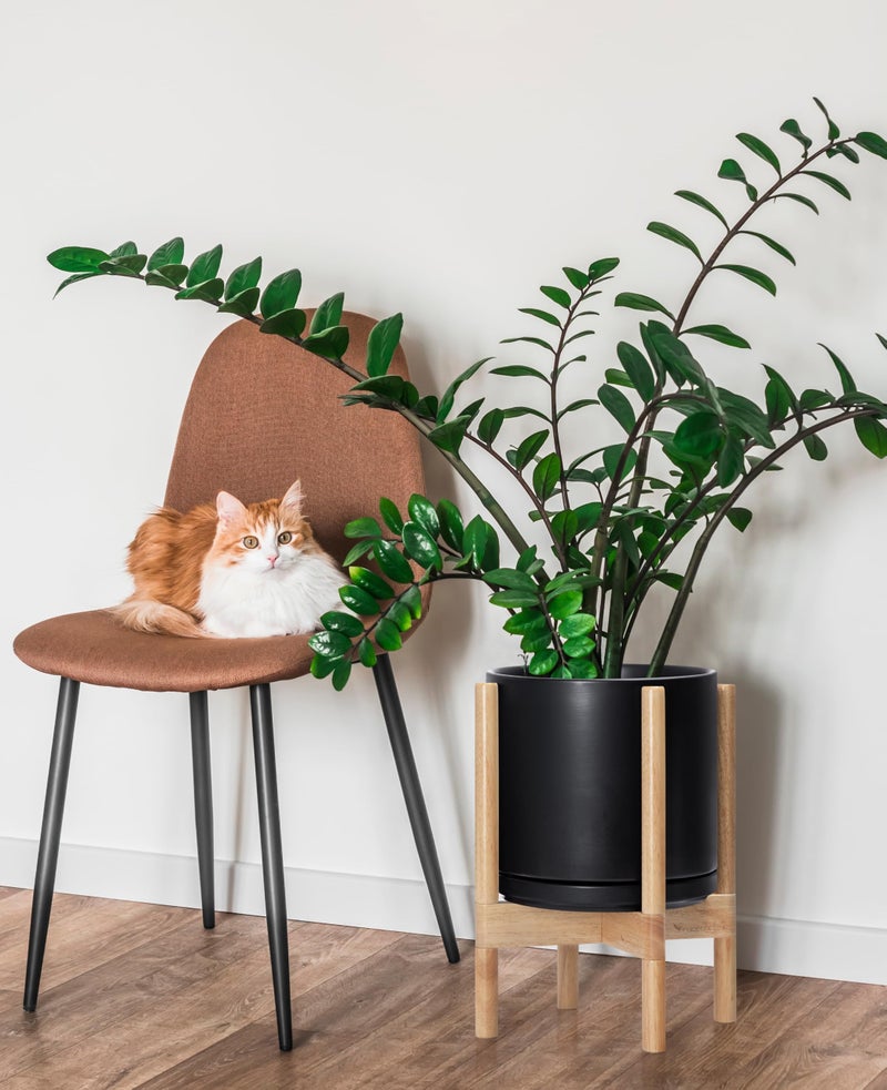 D'vine Dev Ceramic Planter with Natural Stand - 10 Inch Modern Round Flower Pot with Wood Planter Holder, Black, 55-B-K-2 - Image 2