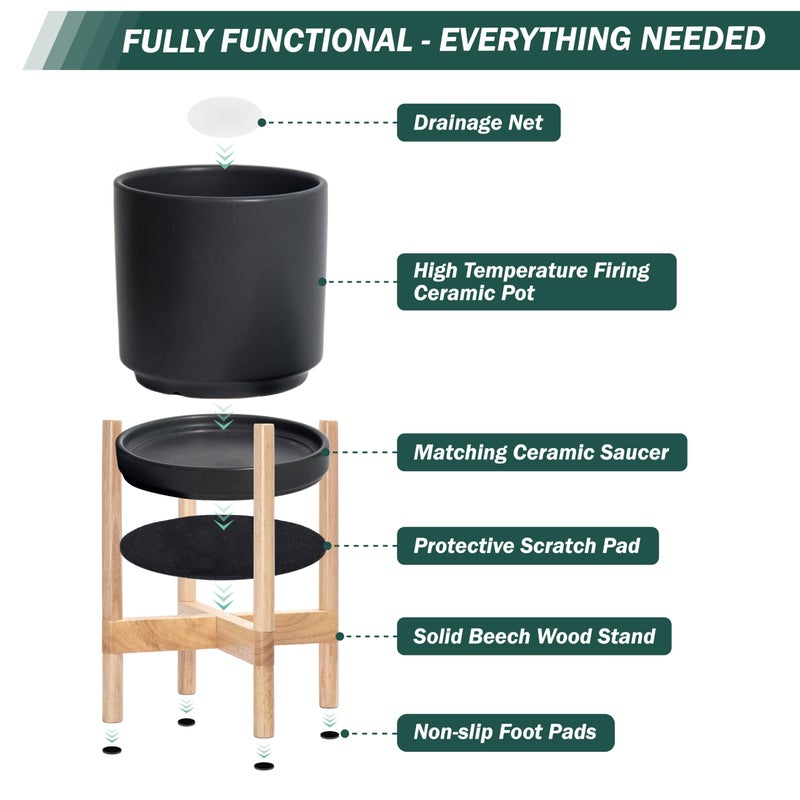D'vine Dev Ceramic Planter with Natural Stand - 10 Inch Modern Round Flower Pot with Wood Planter Holder, Black, 55-B-K-2 - Image 5