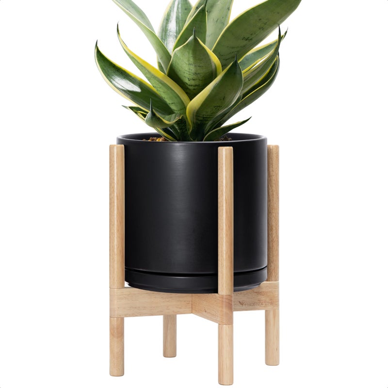 D'vine Dev Ceramic Planter with Natural Stand - 10 Inch Modern Round Flower Pot with Wood Planter Holder, Black, 55-B-K-2 - Image 1