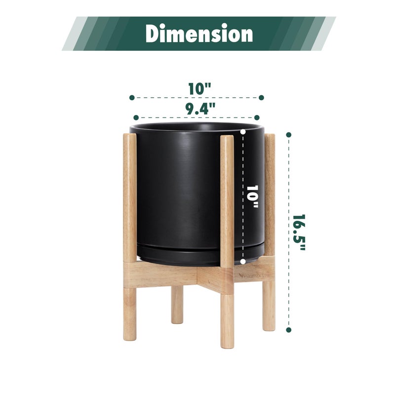 D'vine Dev Ceramic Planter with Natural Stand - 10 Inch Modern Round Flower Pot with Wood Planter Holder, Black, 55-B-K-2 - Image 3