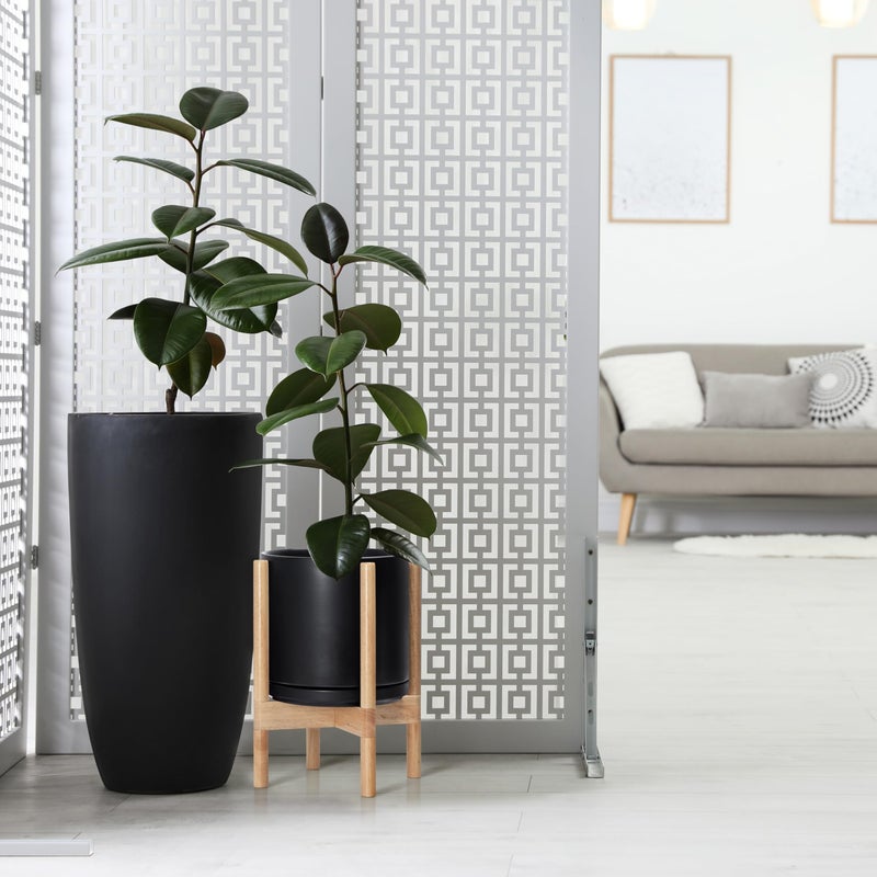 D'vine Dev Ceramic Planter with Natural Stand - 10 Inch Modern Round Flower Pot with Wood Planter Holder, Black, 55-B-K-2 - Image 4