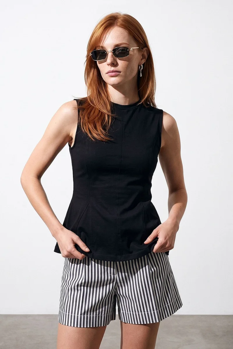 Dilvin Black DILVIN Fitted Cotton Poplin Cut-out Shell Top for Women | Best Price UAE