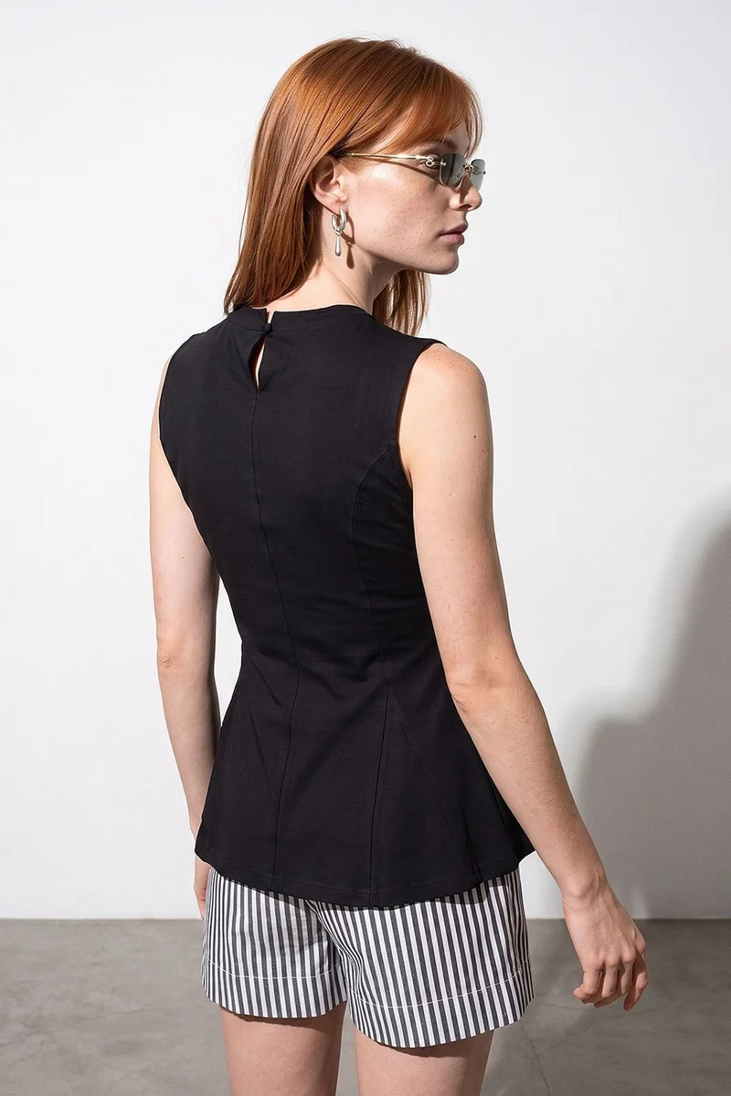 Dilvin Black DILVIN Fitted Cotton Poplin Cut-out Shell Top for Women | Best Price UAE